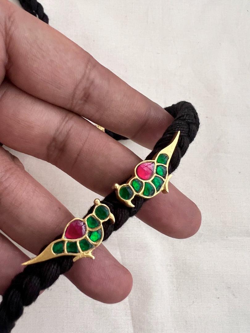 Gold polish kundan birds in black threaded necklace-Silver Neckpiece-CI-House of Taamara