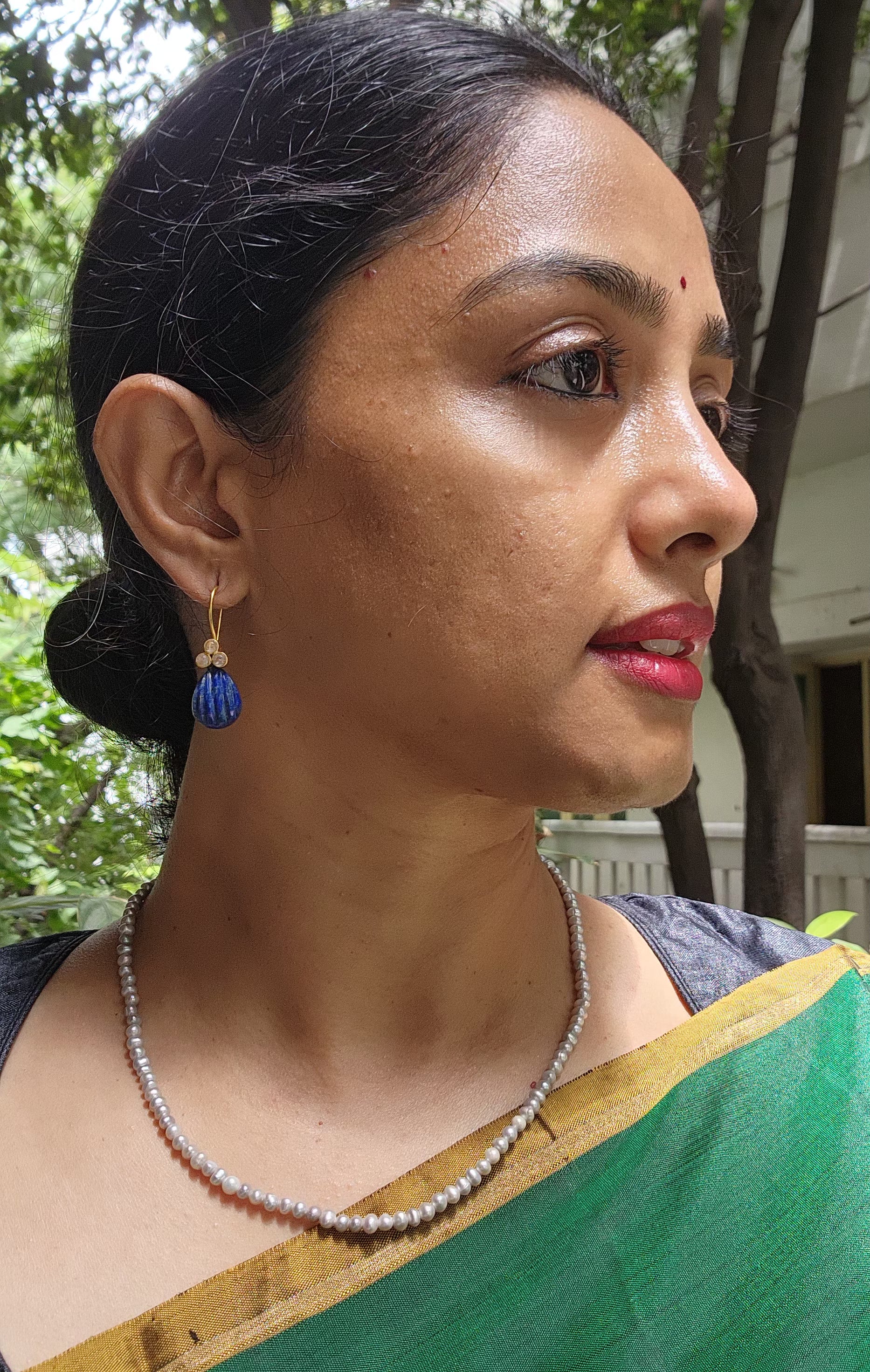 Gold polish kundan & blue lapiz hangings-Earrings-CI-House of Taamara