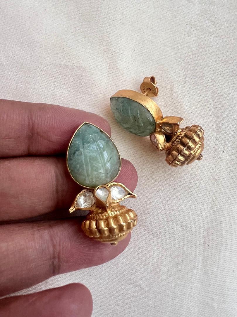 Gold polish kundan & carved jade dholki studs-Earrings-CI-House of Taamara