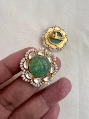 Gold polish kundan & carved jade studs with pearls-Earrings-CI-House of Taamara