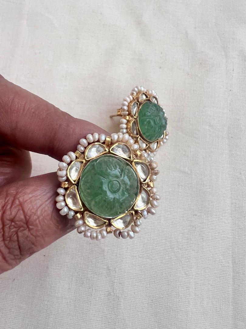 Gold polish kundan & carved jade studs with pearls-Earrings-CI-House of Taamara