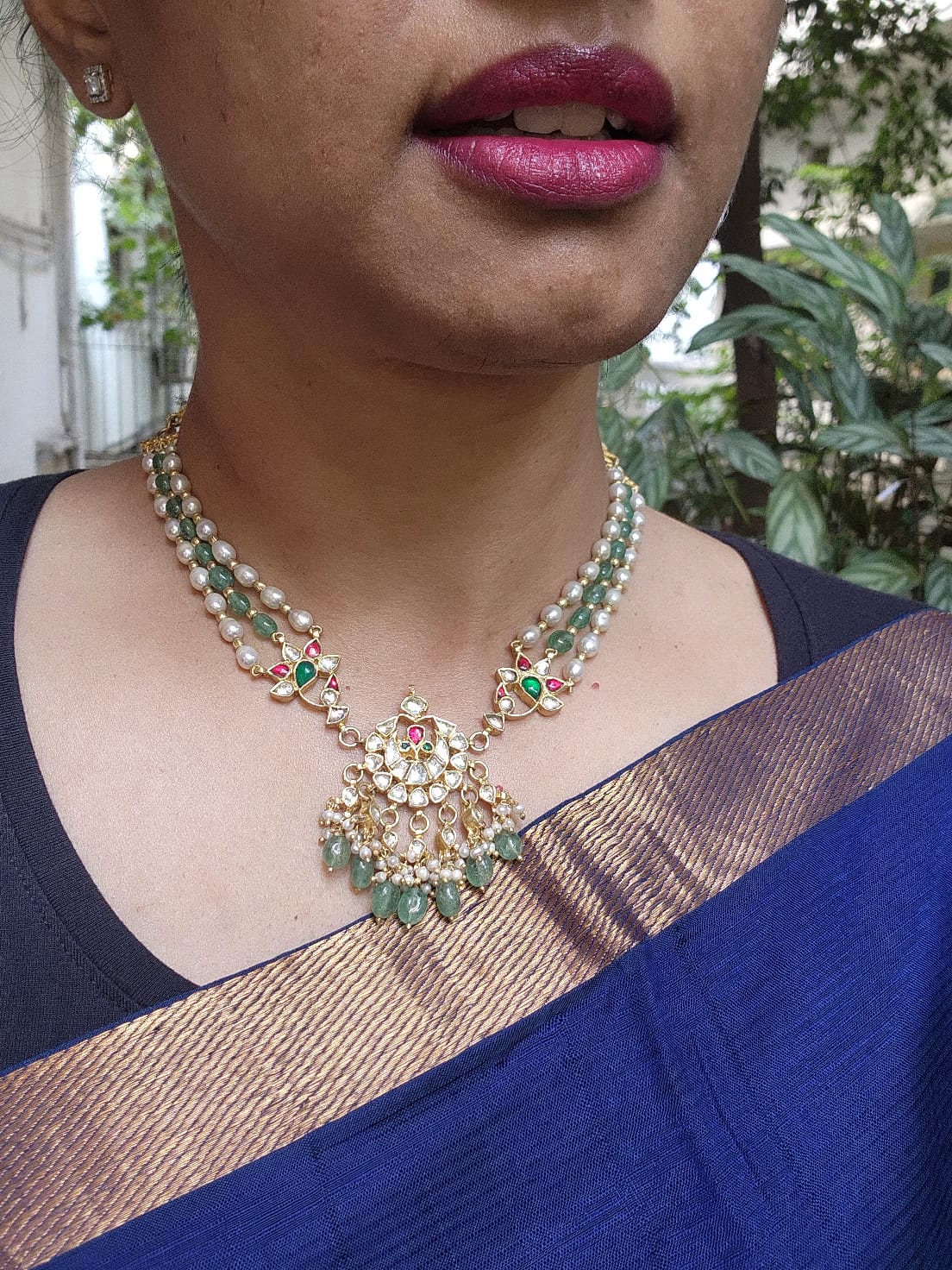 Gold polish kundan choker with pearls and jade beads-Silver Neckpiece-CI-House of Taamara