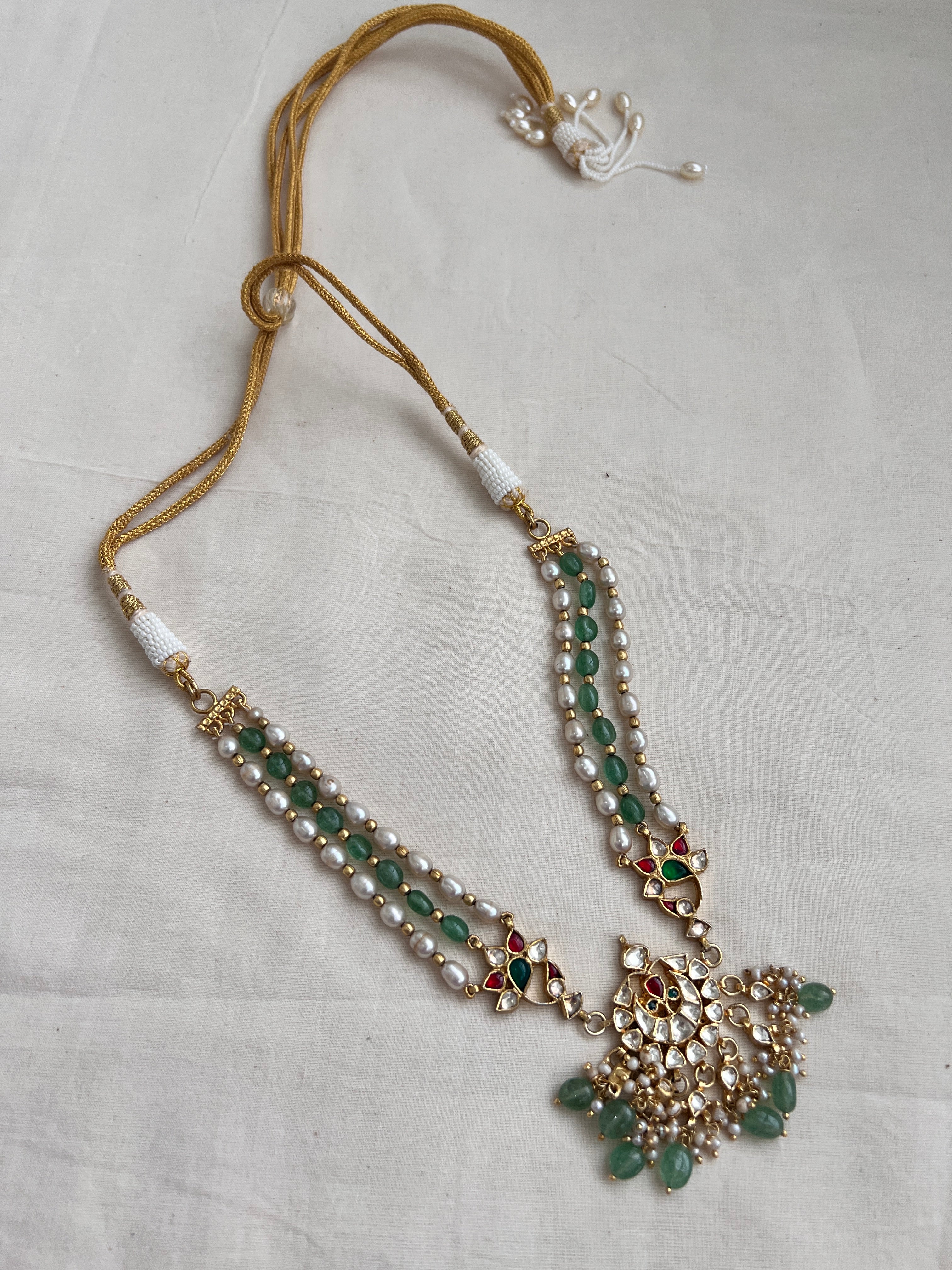 Gold polish kundan choker with pearls and jade beads-Silver Neckpiece-CI-House of Taamara