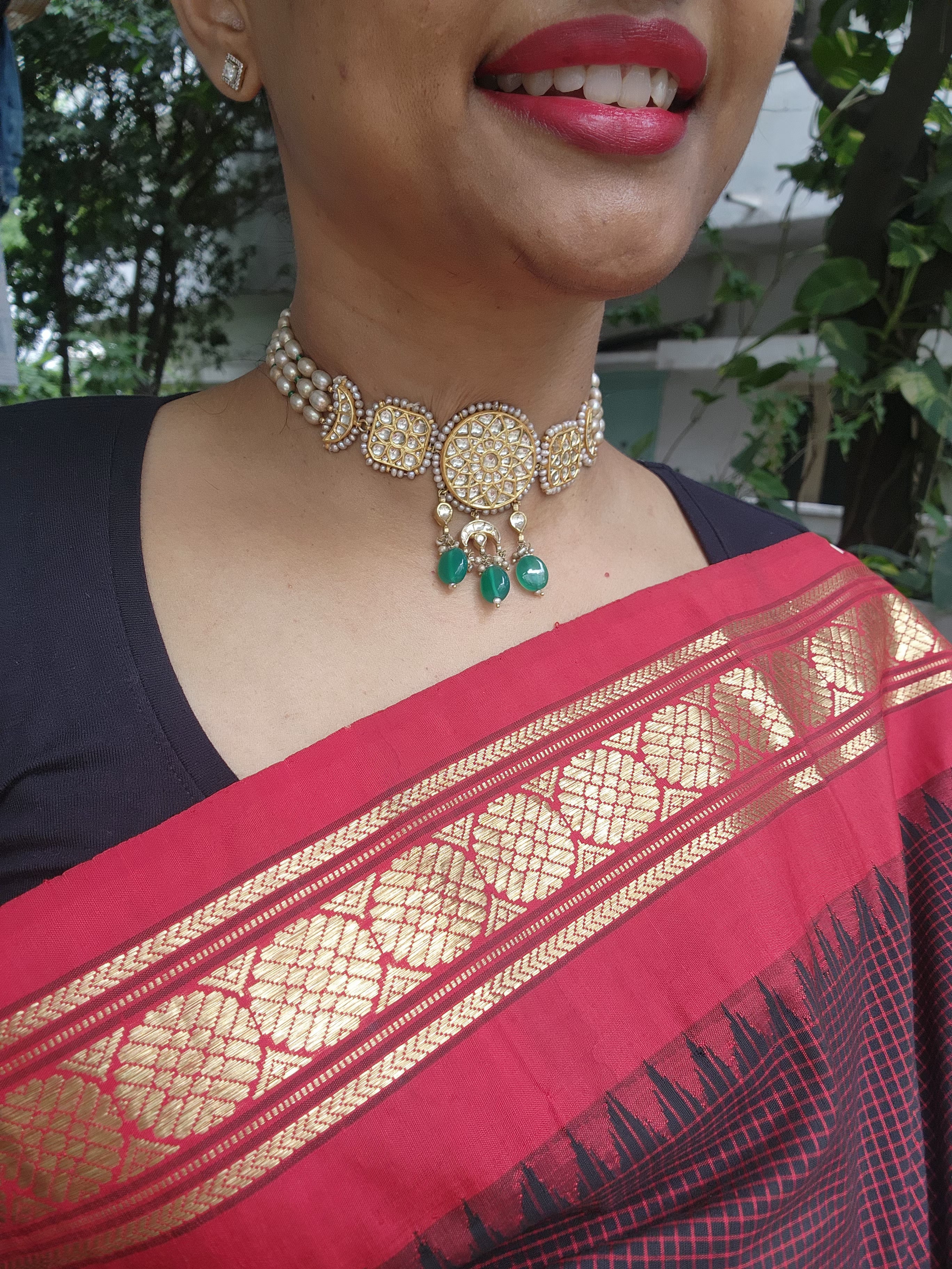Gold polish kundan choker with pearls & green onyx beads-Silver Neckpiece-CI-House of Taamara