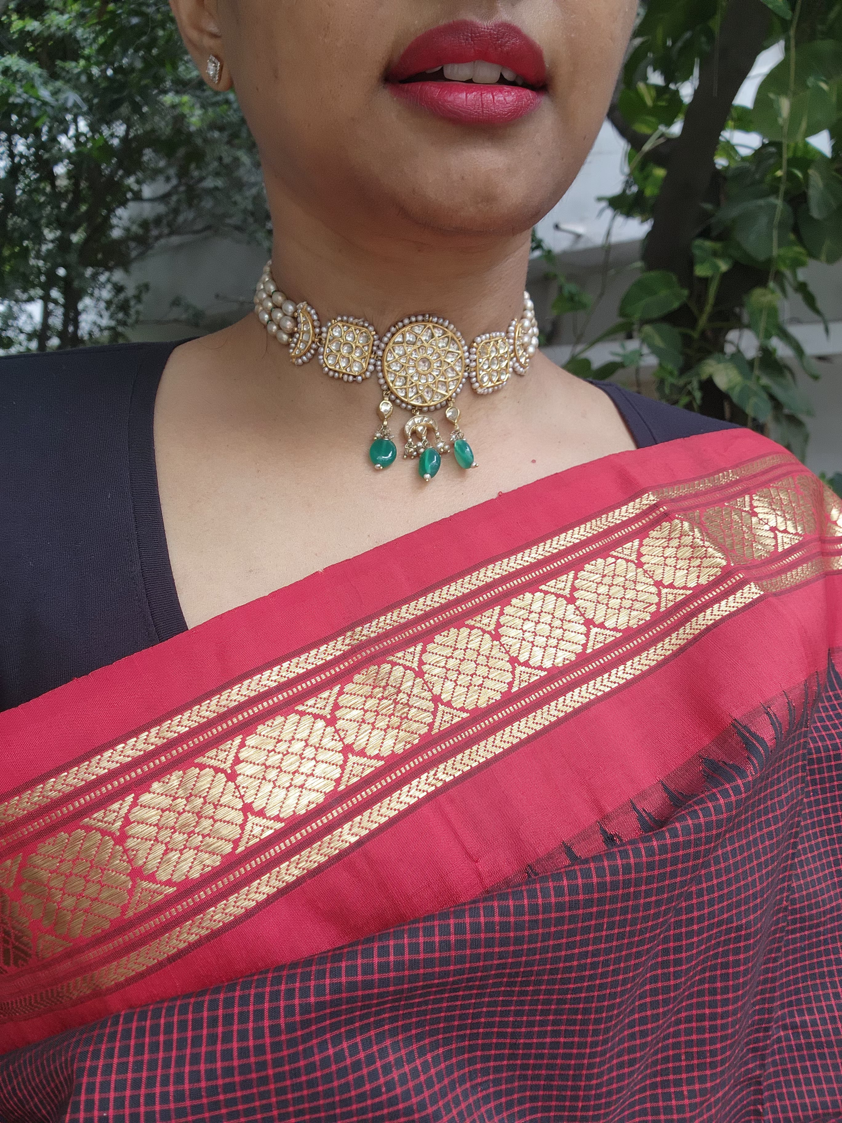 Gold polish kundan choker with pearls & green onyx beads-Silver Neckpiece-CI-House of Taamara