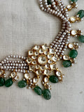 Gold polish kundan choker with pearls & jade beads-Silver Neckpiece-CI-House of Taamara