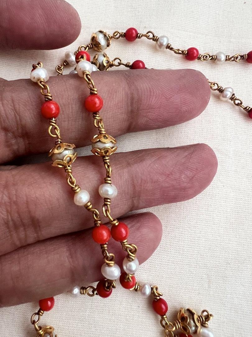 Gold polish kundan & coral pendant chain with pearls and coral beads-Silver Neckpiece-CI-House of Taamara
