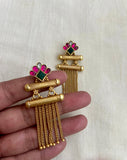 Gold polish kundan, emerald and ruby earrings-Earrings-CI-House of Taamara