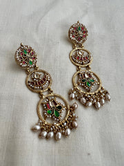 Gold polish kundan, emerald and ruby earrings with pearls-Earrings-CI-House of Taamara