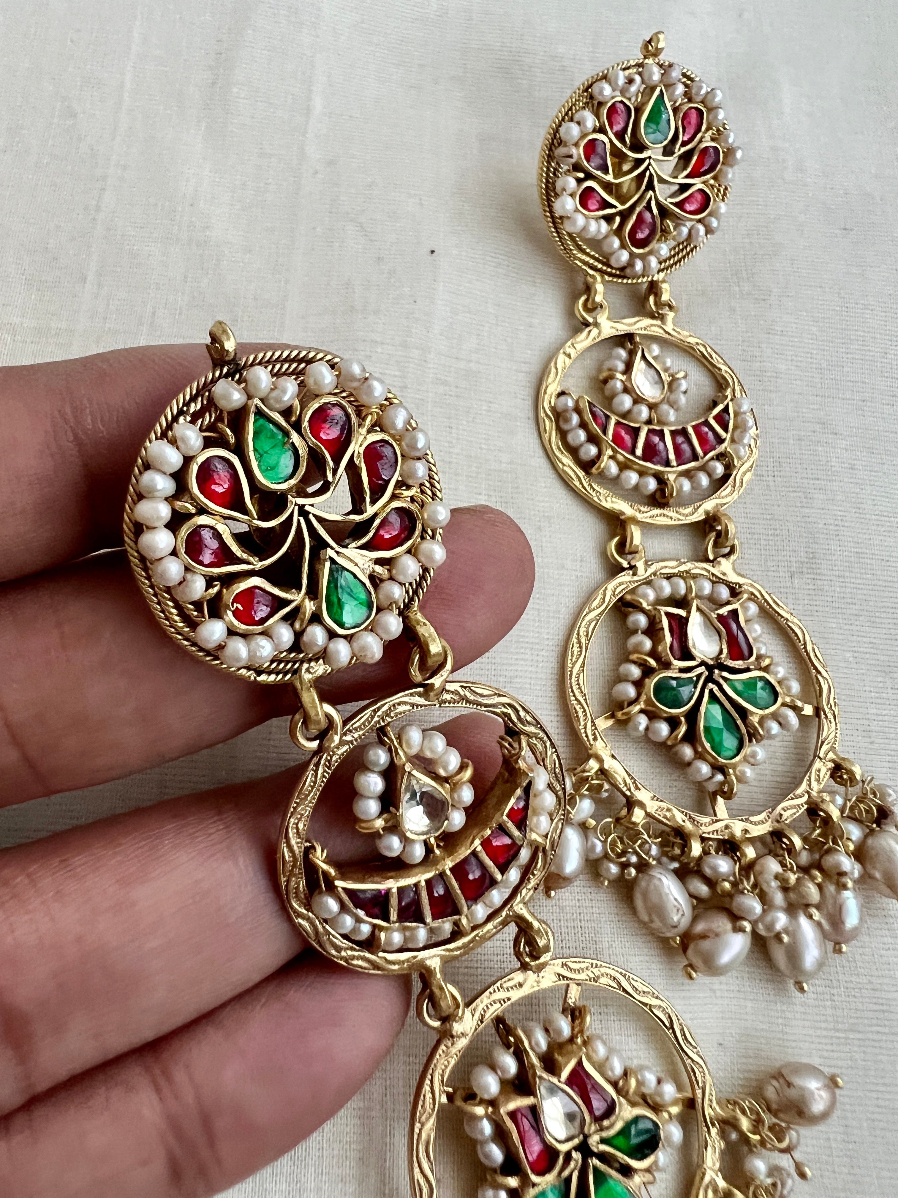 Gold polish kundan, emerald and ruby earrings with pearls-Earrings-CI-House of Taamara