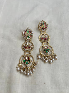 Gold polish kundan, emerald and ruby earrings with pearls-Earrings-CI-House of Taamara