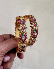 Gold polish kundan, emerald and ruby flower bangles, 2.4, PAIR-Silver Bracelet-CI-House of Taamara