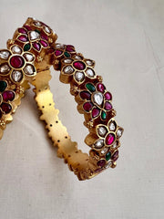 Gold polish kundan, emerald and ruby flower bangles, 2.4, PAIR-Silver Bracelet-CI-House of Taamara