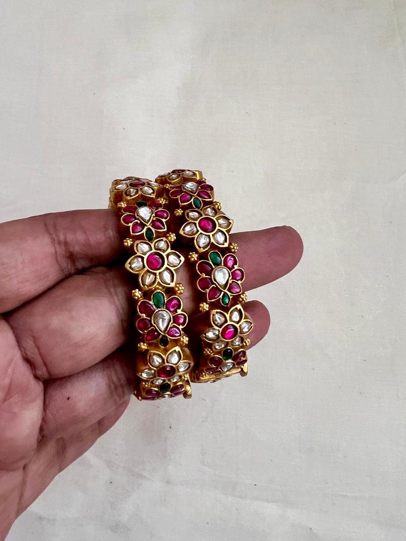 Gold polish kundan, emerald and ruby flower bangles, 2.4, PAIR-Silver Bracelet-CI-House of Taamara