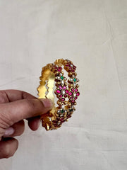 Gold polish kundan, emerald and ruby flower bangles, 2.4, PAIR-Silver Bracelet-CI-House of Taamara