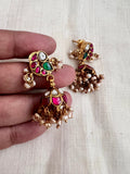 Gold polish kundan, emerald and ruby jhumkas with pearls-Earrings-CI-House of Taamara