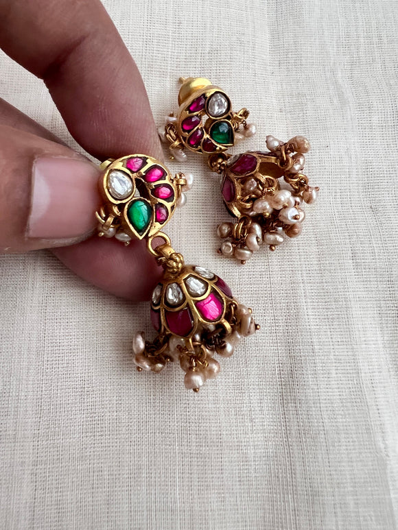 Gold polish kundan, emerald and ruby jhumkas with pearls-Earrings-CI-House of Taamara