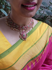 Gold polish kundan, emerald and ruby necklace with pearls-Silver Neckpiece-CI-House of Taamara