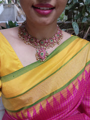 Gold polish kundan, emerald and ruby necklace with pearls-Silver Neckpiece-CI-House of Taamara