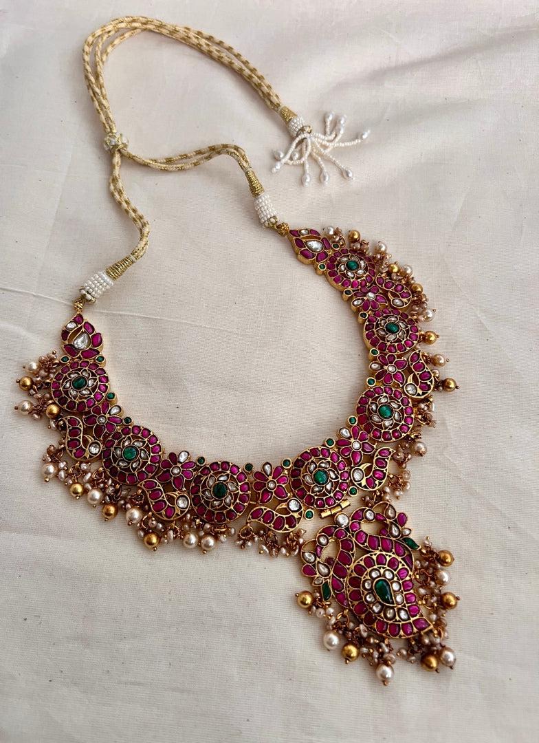 Gold polish kundan, emerald and ruby necklace with pearls-Silver Neckpiece-CI-House of Taamara