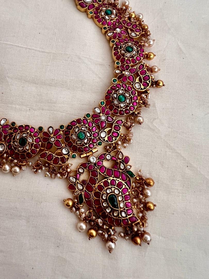 Gold polish kundan, emerald and ruby necklace with pearls-Silver Neckpiece-CI-House of Taamara