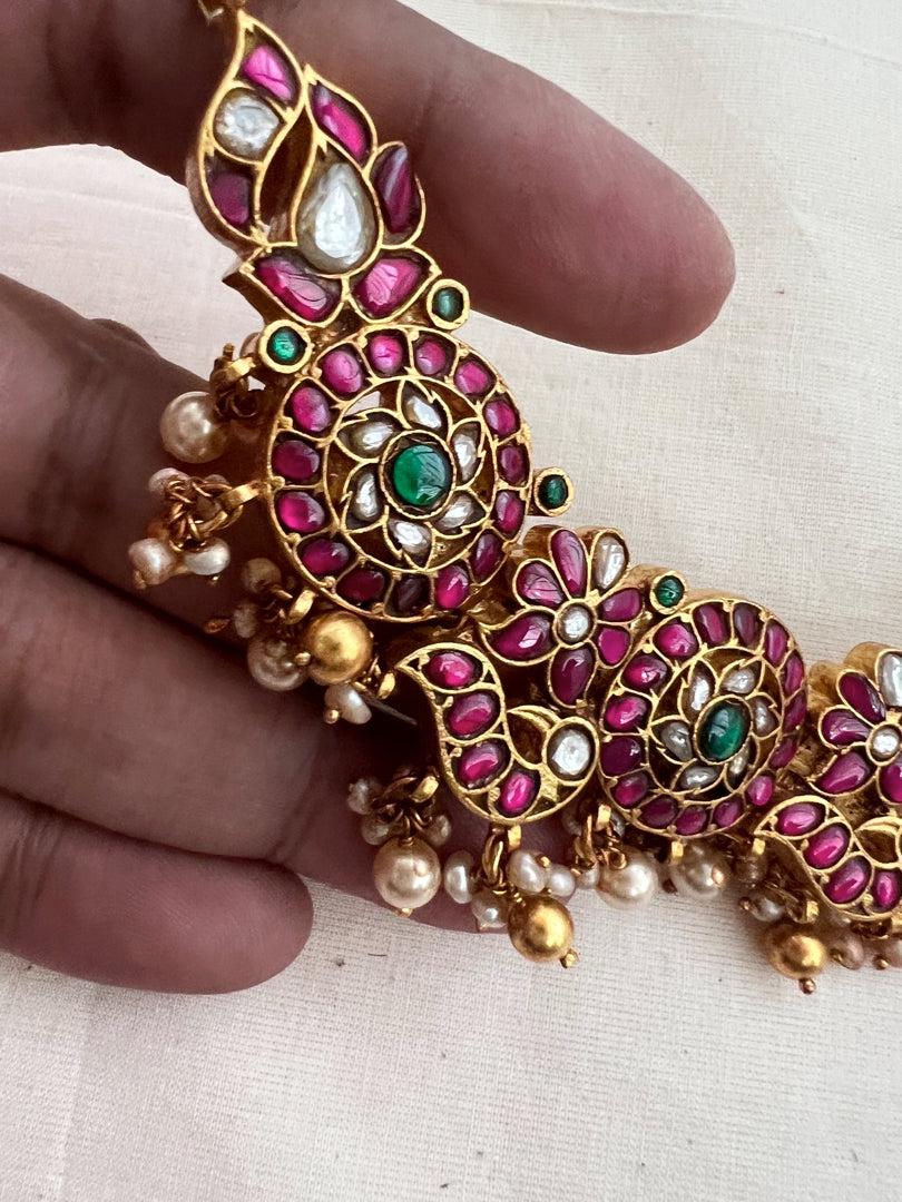 Gold polish kundan, emerald and ruby necklace with pearls-Silver Neckpiece-CI-House of Taamara