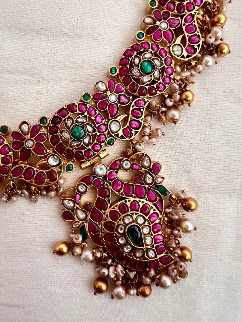 Gold polish kundan, emerald and ruby necklace with pearls-Silver Neckpiece-CI-House of Taamara