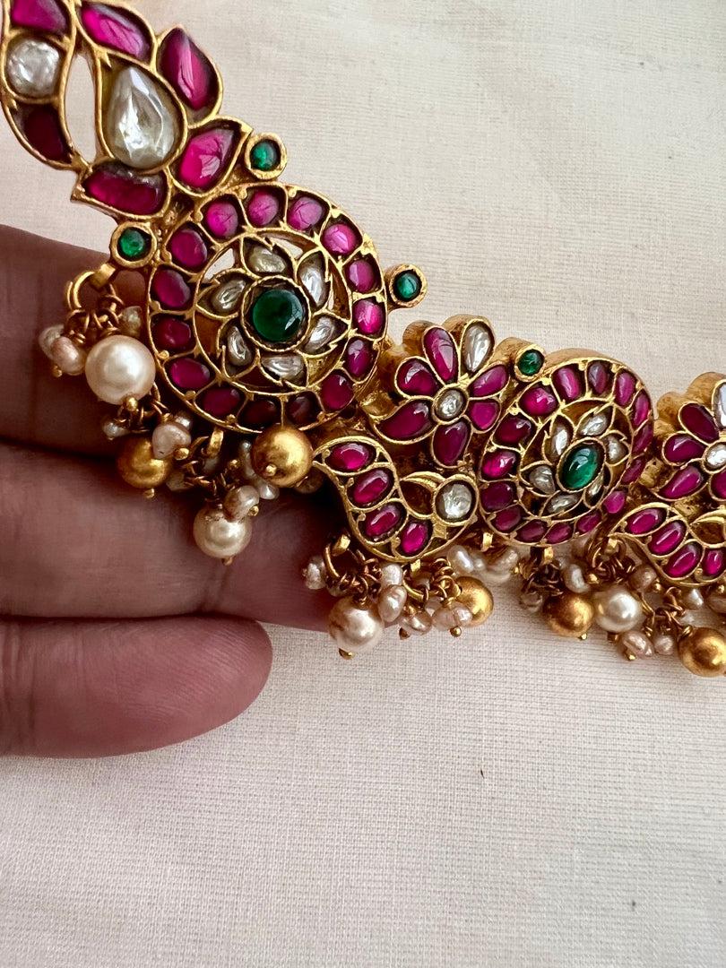 Gold polish kundan, emerald and ruby necklace with pearls-Silver Neckpiece-CI-House of Taamara