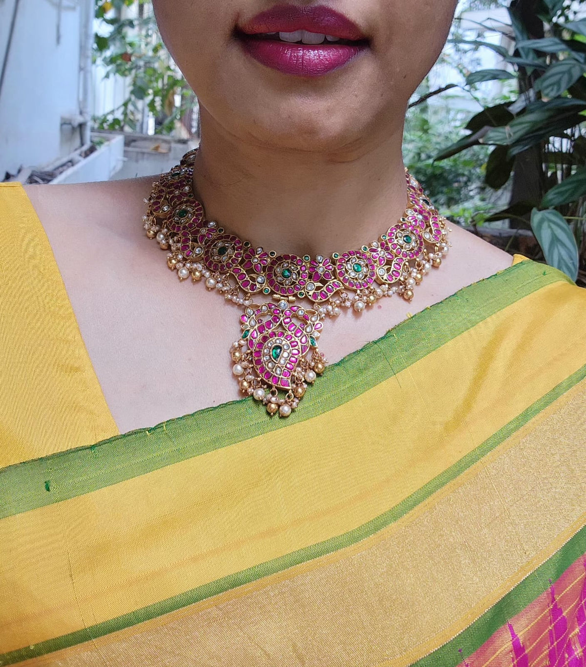 Gold polish kundan, emerald and ruby necklace with pearls-Silver Neckpiece-CI-House of Taamara