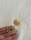 Gold polish kundan, emerald and ruby studs with pearls-Earrings-CI-House of Taamara
