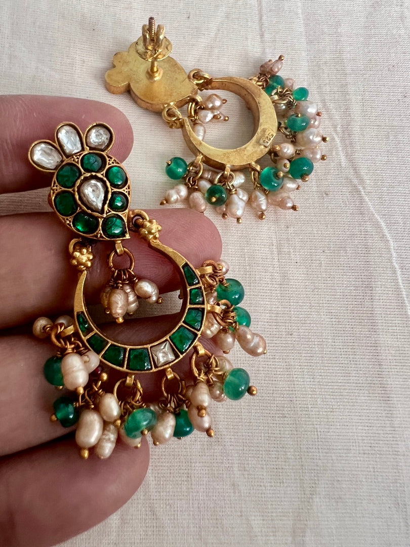 Gold polish kundan & emerald chandbalis with pearls-Earrings-CI-House of Taamara