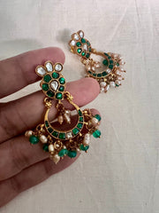 Gold polish kundan & emerald chandbalis with pearls-Earrings-CI-House of Taamara