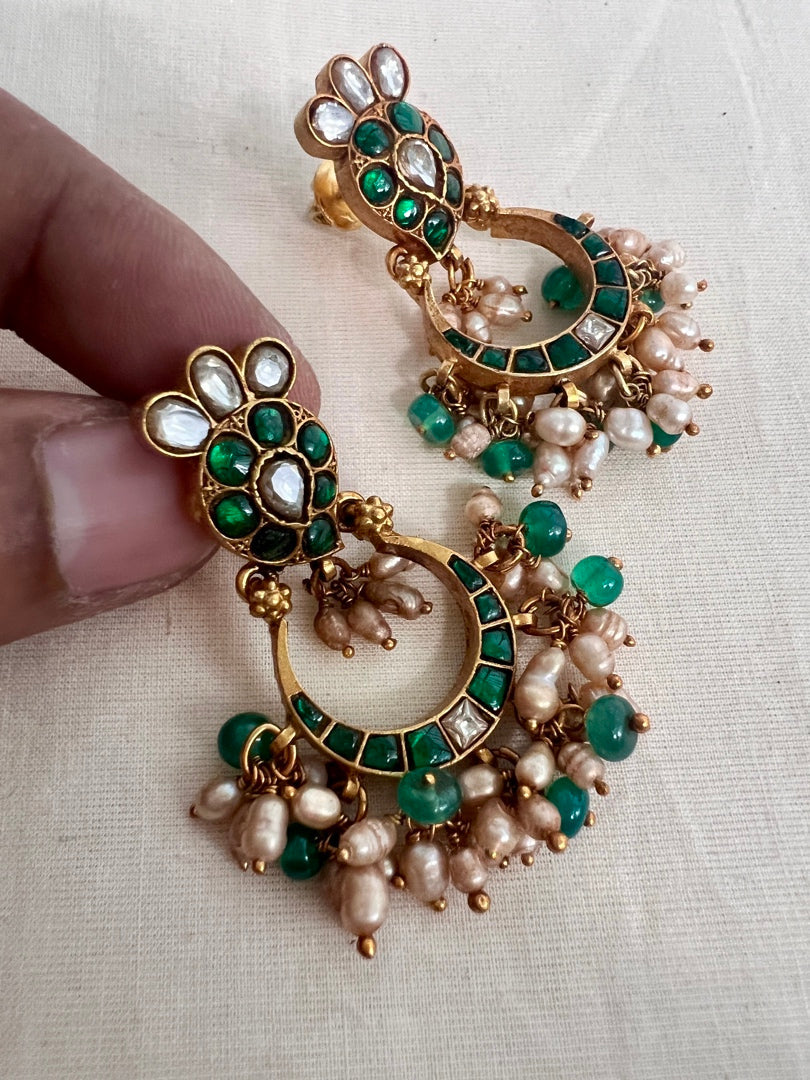 Gold polish kundan & emerald chandbalis with pearls-Earrings-CI-House of Taamara