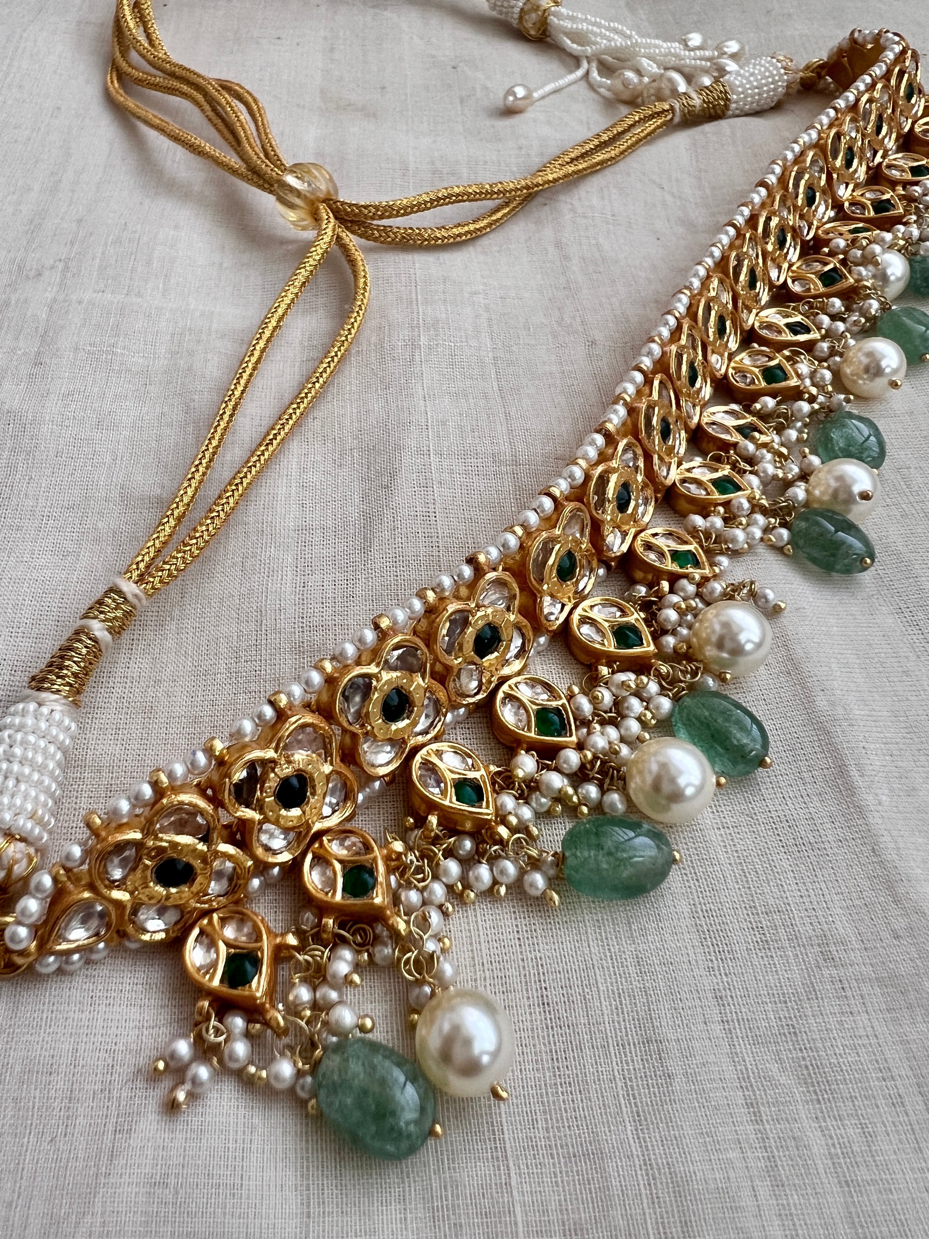 Gold polish kundan & emerald choker with jade & pearl beads, SET-Silver Neckpiece-CI-House of Taamara