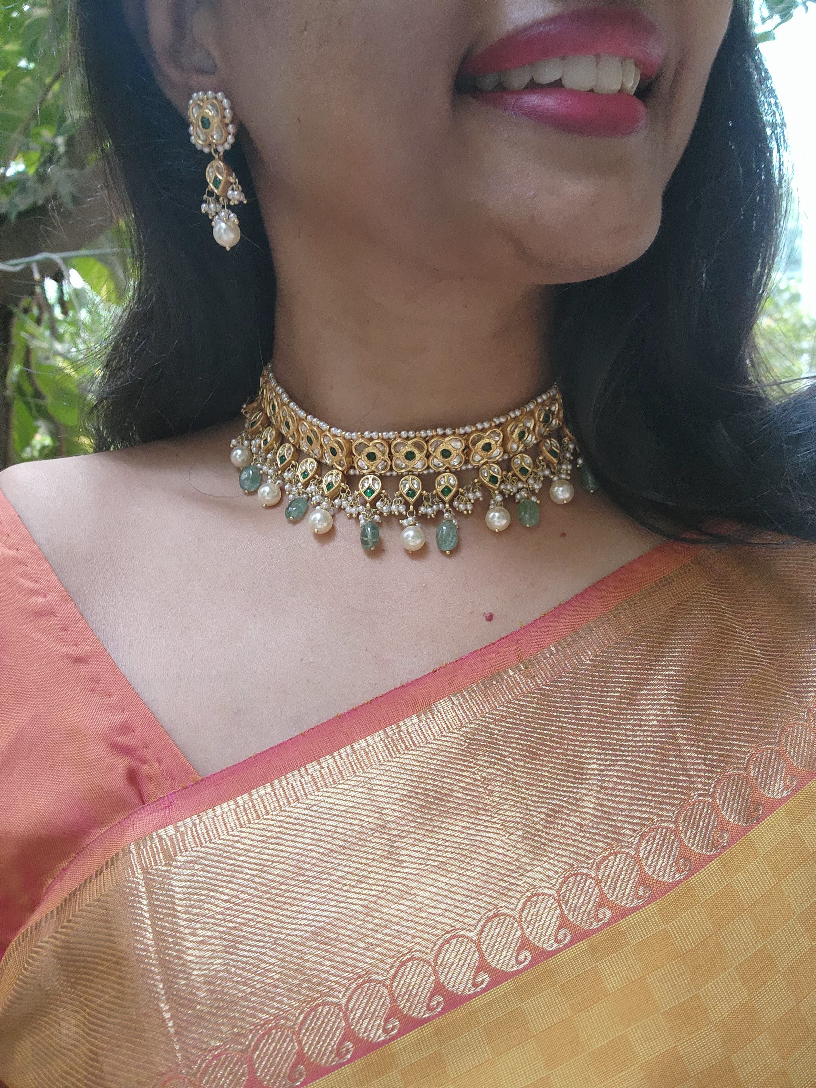 Gold polish kundan & emerald choker with jade & pearl beads, SET-Silver Neckpiece-CI-House of Taamara