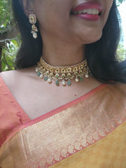 Gold polish kundan & emerald choker with jade & pearl beads, SET-Silver Neckpiece-CI-House of Taamara