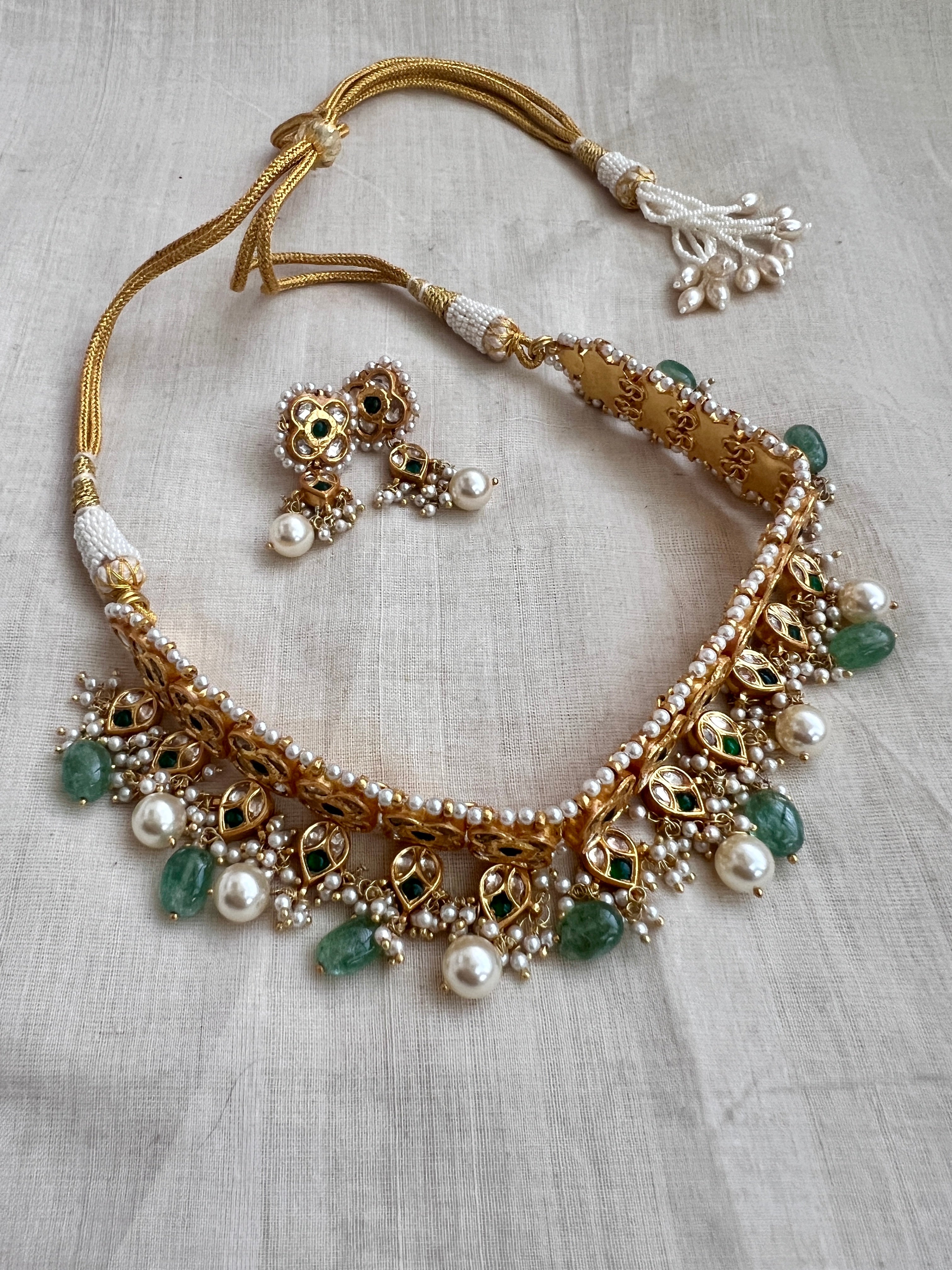 Gold polish kundan & emerald choker with jade & pearl beads, SET-Silver Neckpiece-CI-House of Taamara