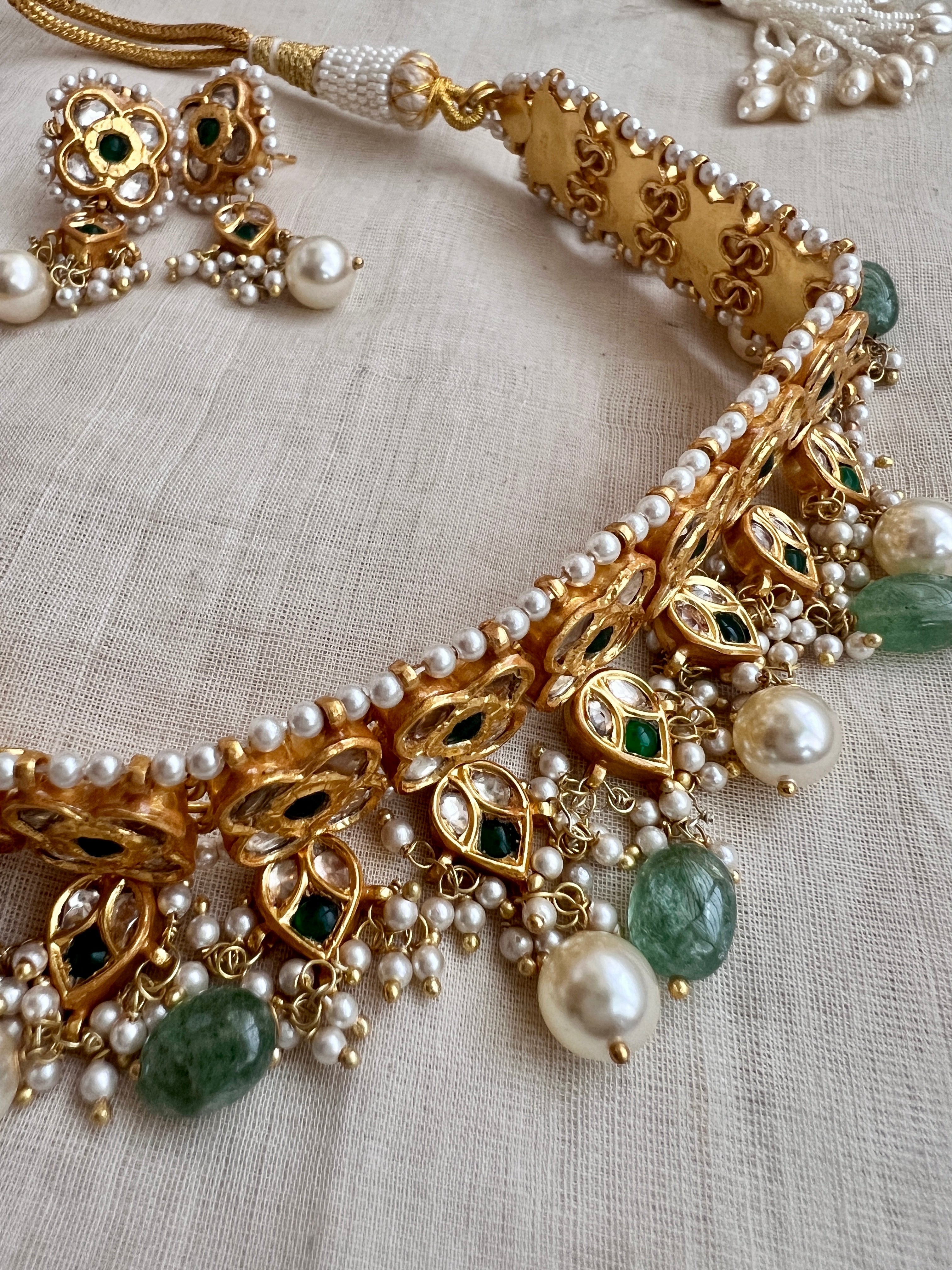 Gold polish kundan & emerald choker with jade & pearl beads, SET-Silver Neckpiece-CI-House of Taamara