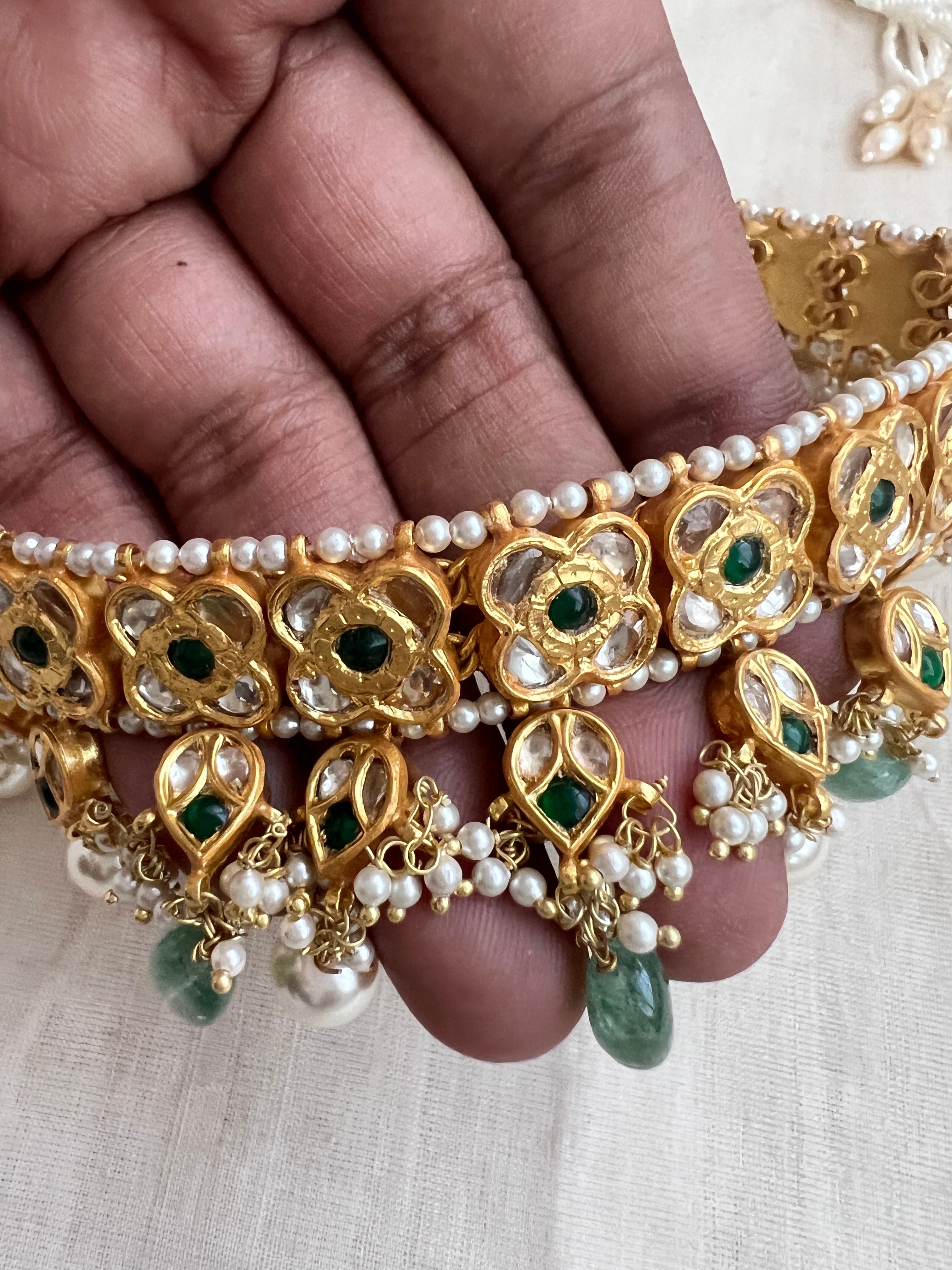 Gold polish kundan & emerald choker with jade & pearl beads, SET-Silver Neckpiece-CI-House of Taamara