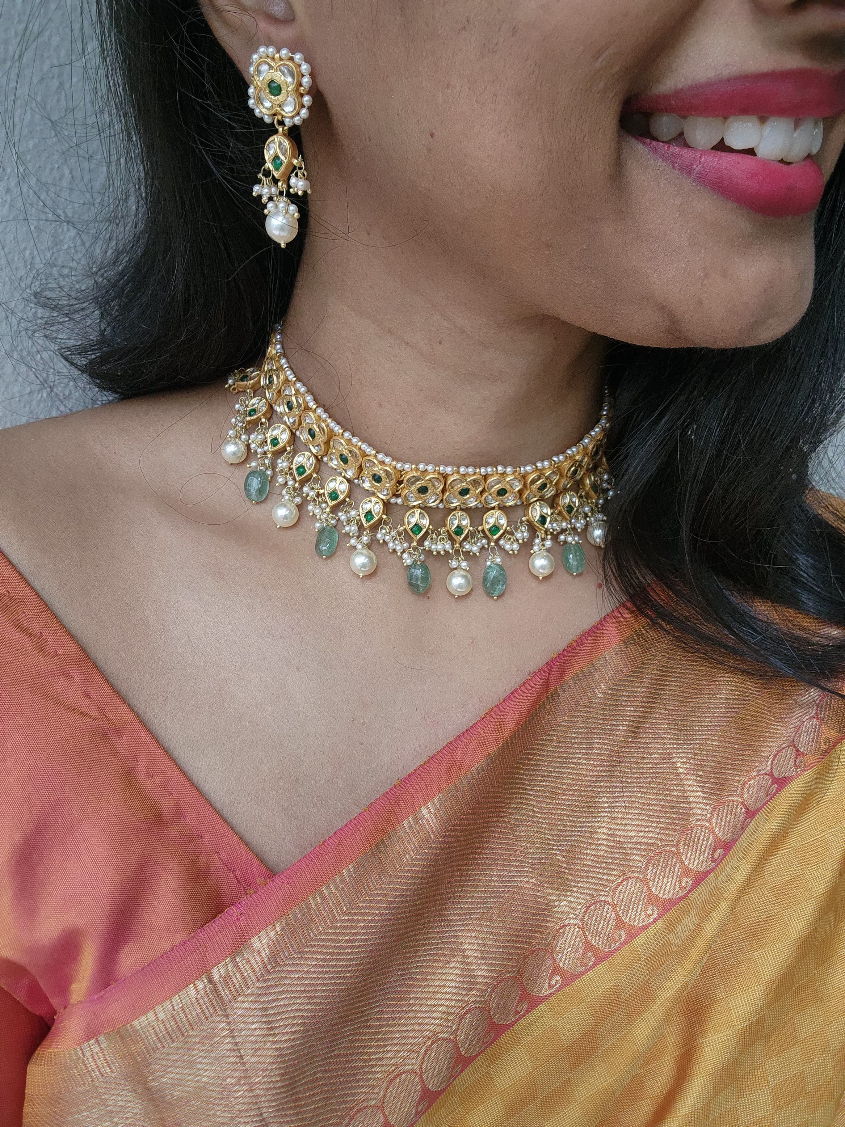 Gold polish kundan & emerald choker with jade & pearl beads, SET-Silver Neckpiece-CI-House of Taamara