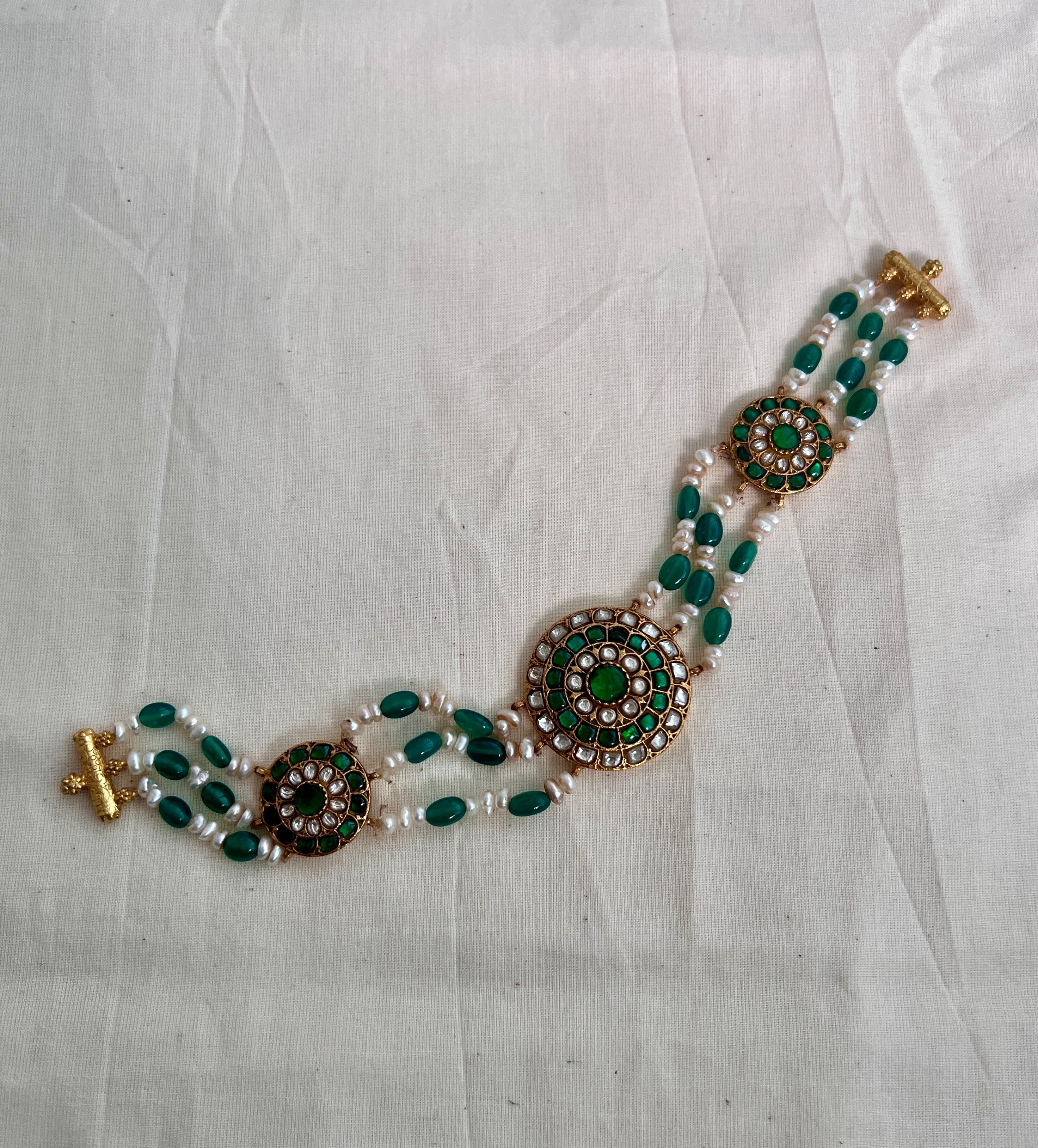 Gold polish kundan & emerald choker with pearls and green onyx beads-Silver Neckpiece-CI-House of Taamara