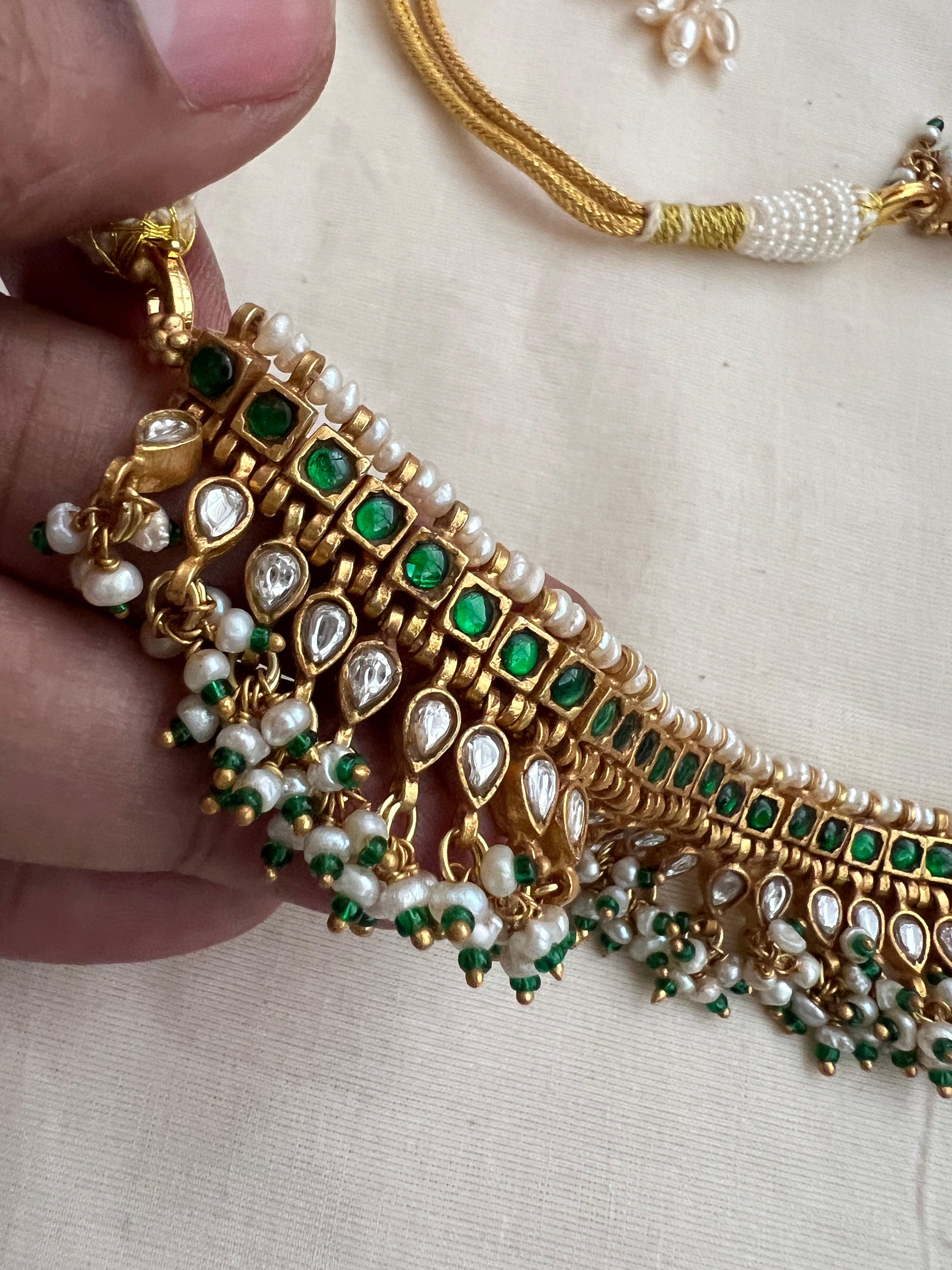 Gold polish kundan & emerald choker with pearls and green onyx beads-Silver Neckpiece-CI-House of Taamara