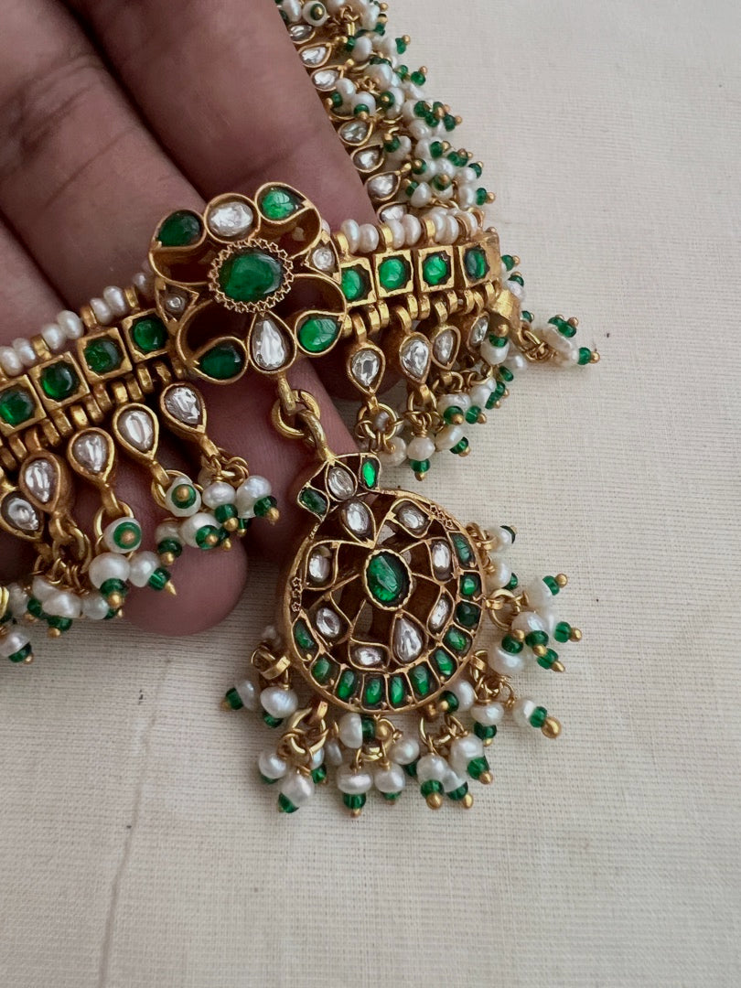 Gold polish kundan & emerald choker with pearls and green onyx beads-Silver Neckpiece-CI-House of Taamara