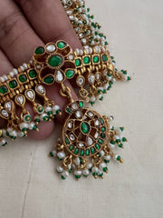 Gold polish kundan & emerald choker with pearls and green onyx beads-Silver Neckpiece-CI-House of Taamara