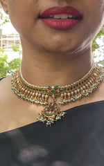 Gold polish kundan & emerald choker with pearls and green onyx beads-Silver Neckpiece-CI-House of Taamara