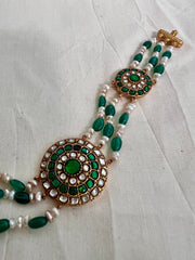 Gold polish kundan & emerald choker with pearls and green onyx beads-Silver Neckpiece-CI-House of Taamara