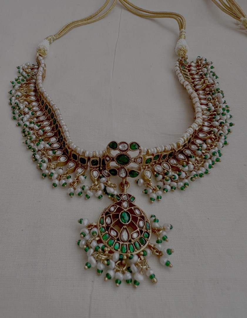 Gold polish kundan & emerald choker with pearls and green onyx beads-Silver Neckpiece-CI-House of Taamara