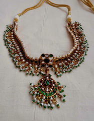 Gold polish kundan & emerald choker with pearls and green onyx beads-Silver Neckpiece-CI-House of Taamara