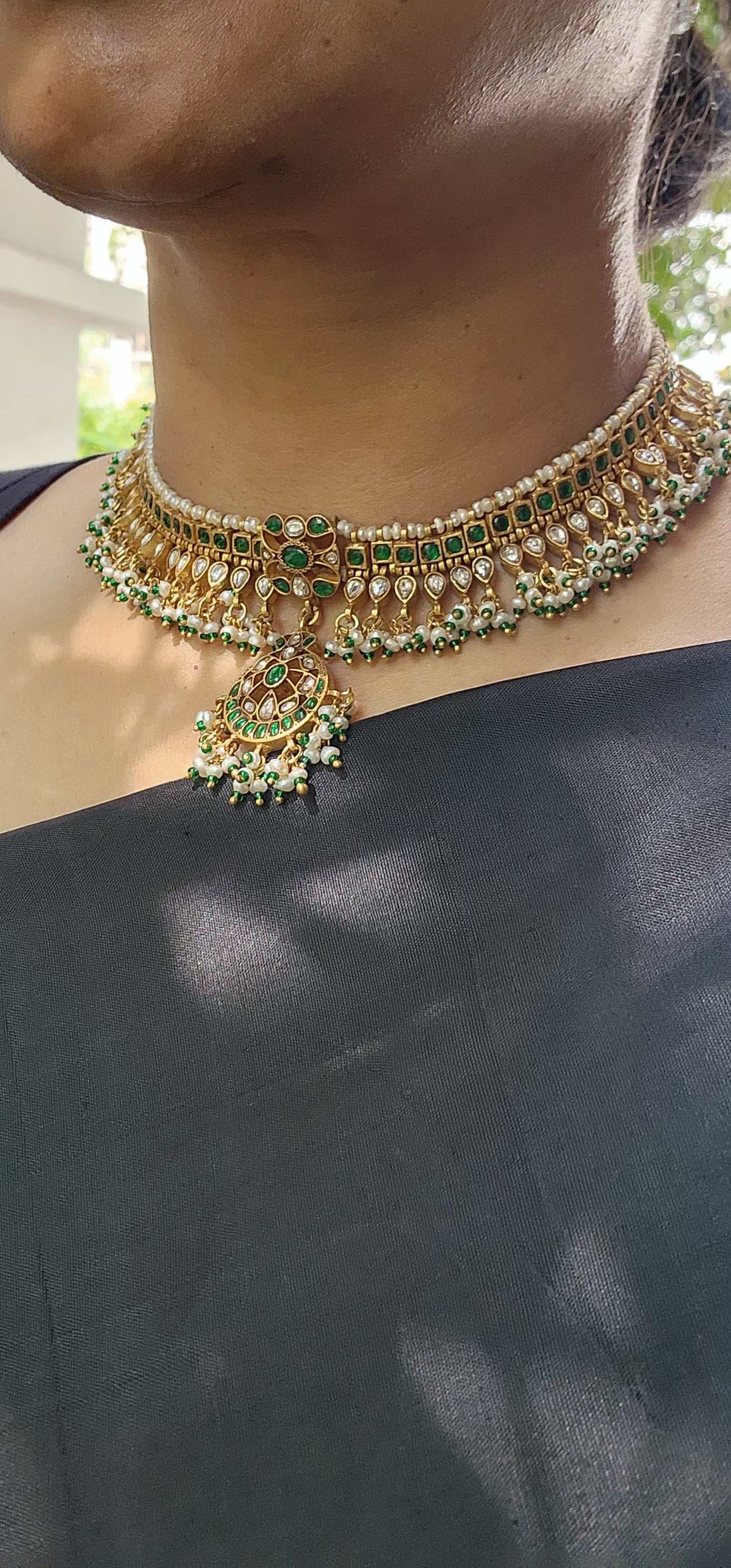 Gold polish kundan & emerald choker with pearls and green onyx beads-Silver Neckpiece-CI-House of Taamara