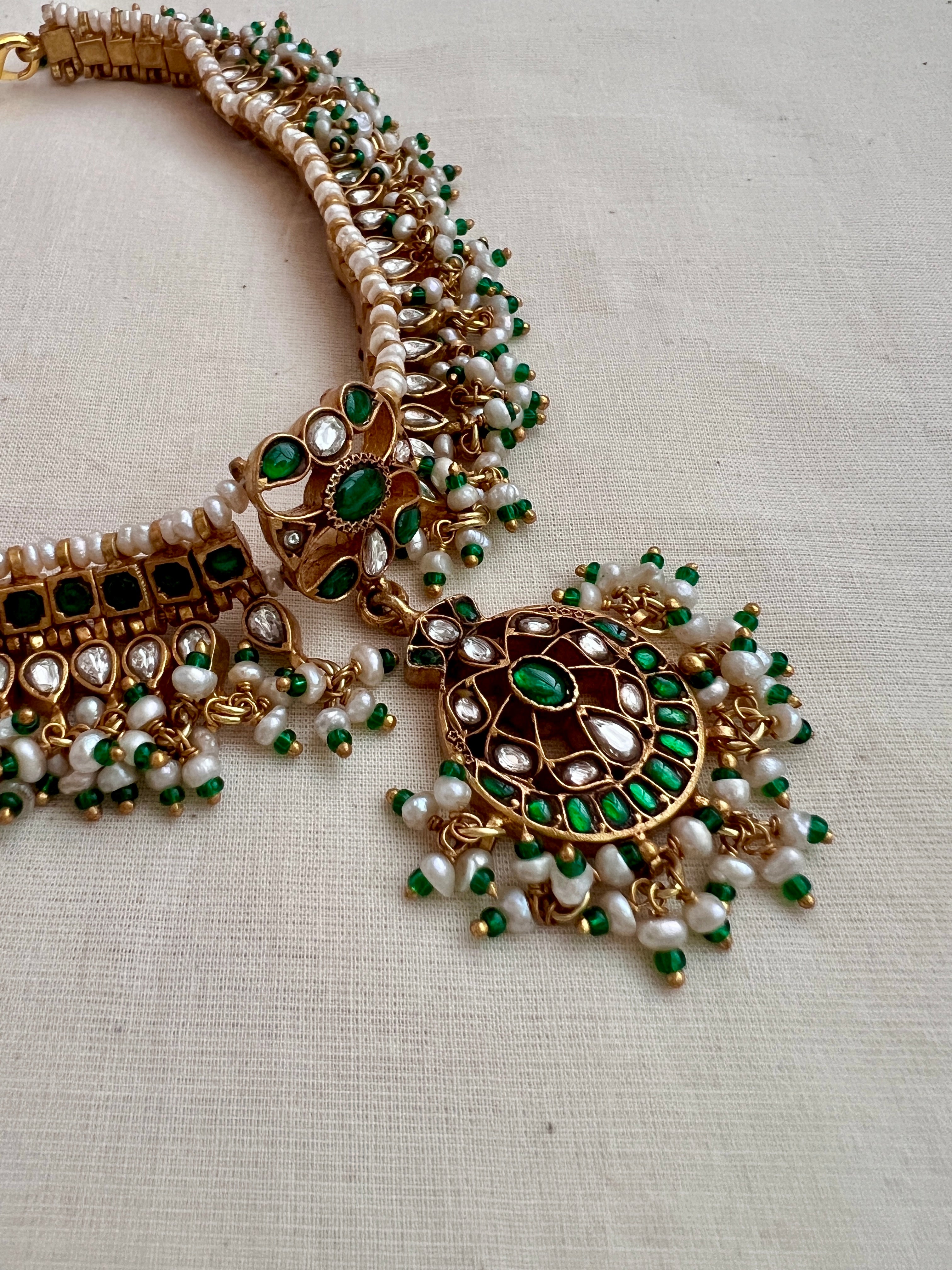 Gold polish kundan & emerald choker with pearls and green onyx beads-Silver Neckpiece-CI-House of Taamara